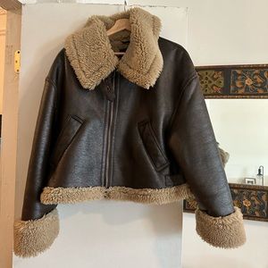 Zara dark brown leather shearling jacket